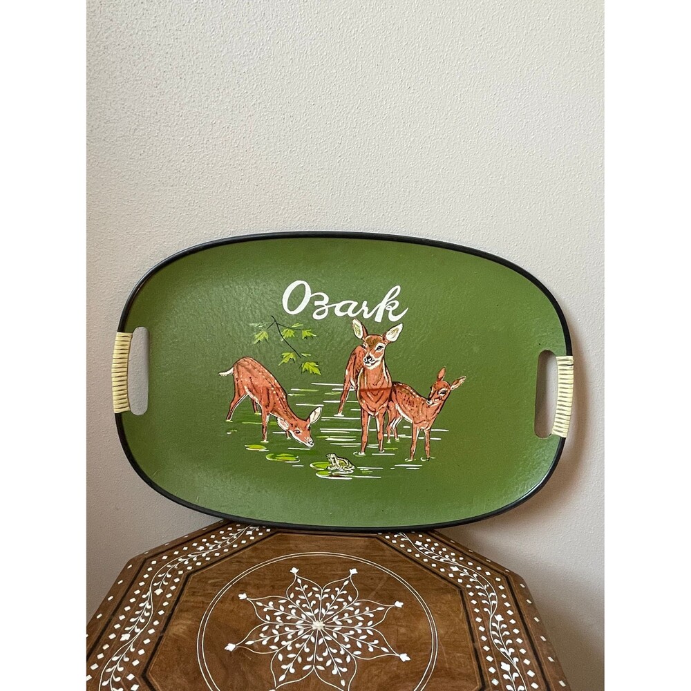 Vintage MCM Large Oval Tray Green Deer Frog Ozark